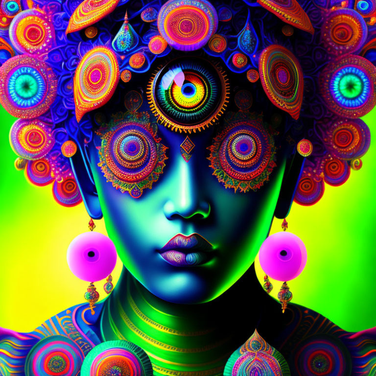 Colorful psychedelic portrait with third eye and intricate patterns