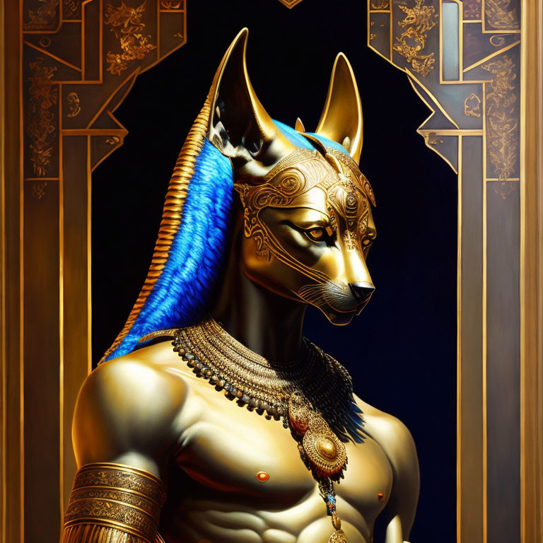 Golden Egyptian god statue with jackal head and blue-gold adornments