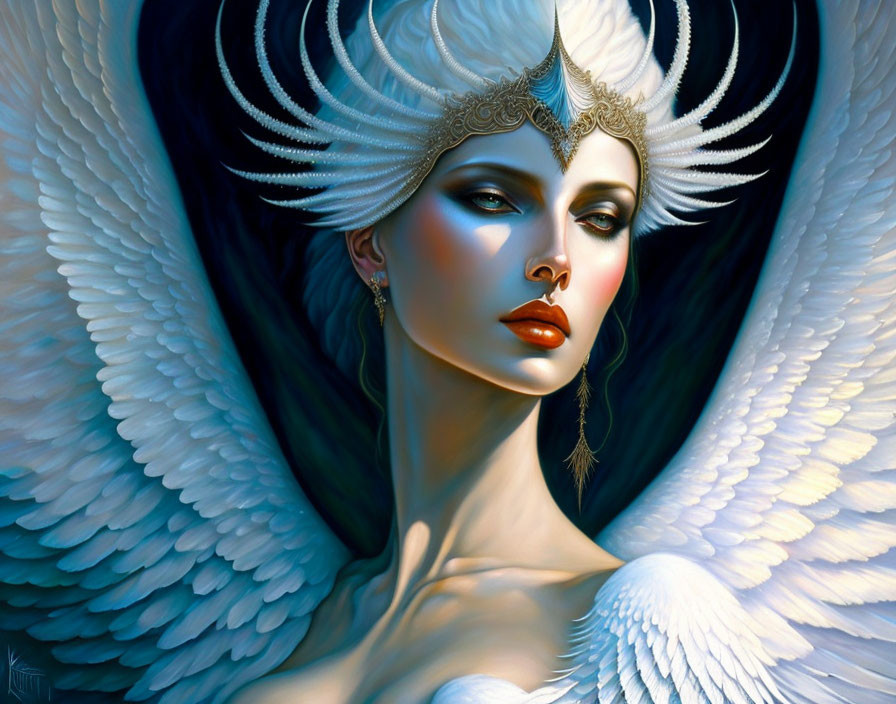 Ethereal woman with white feathered wings and elaborate headdress gazes intently