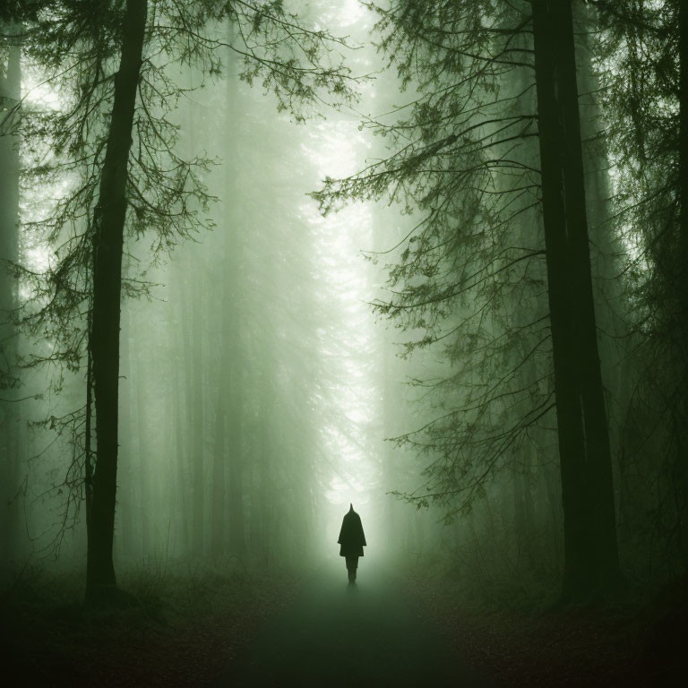 Solitary figure walking in foggy forest among towering trees