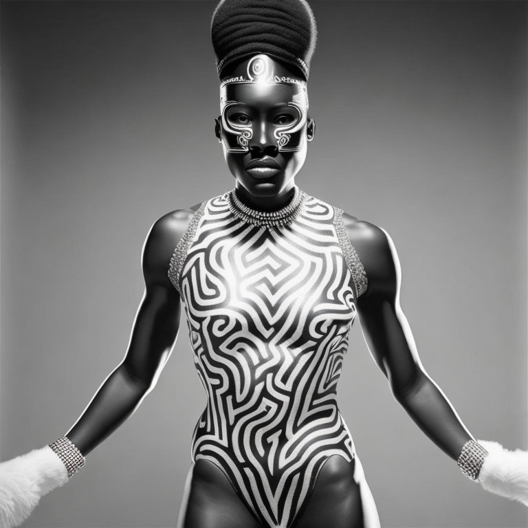 Intricately Painted Body Art on Person with Accessories against Gray Background