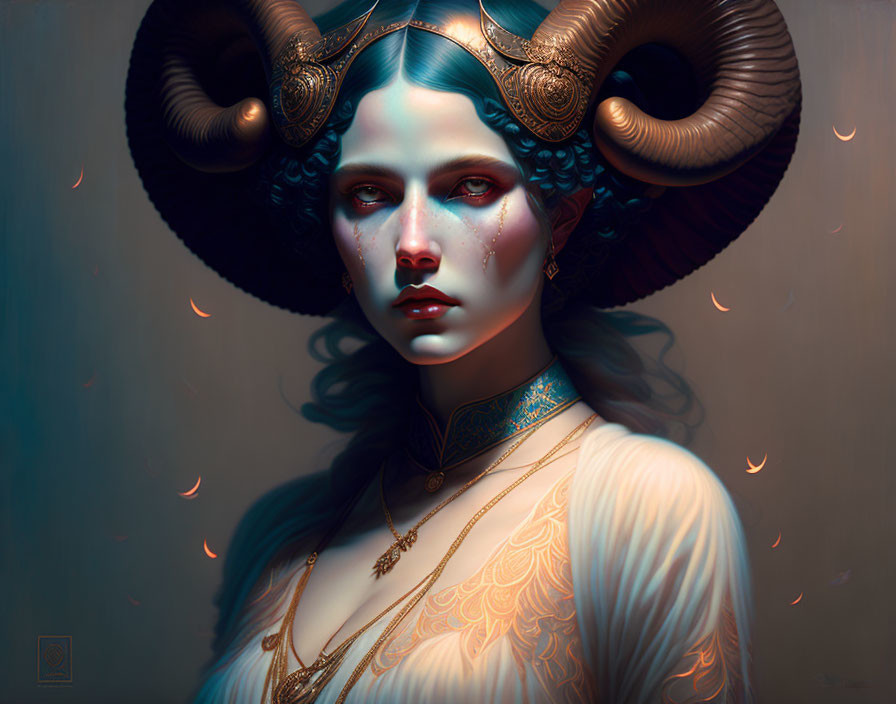 Mystical female figure with ram horns and ornate jewelry on warm backdrop.