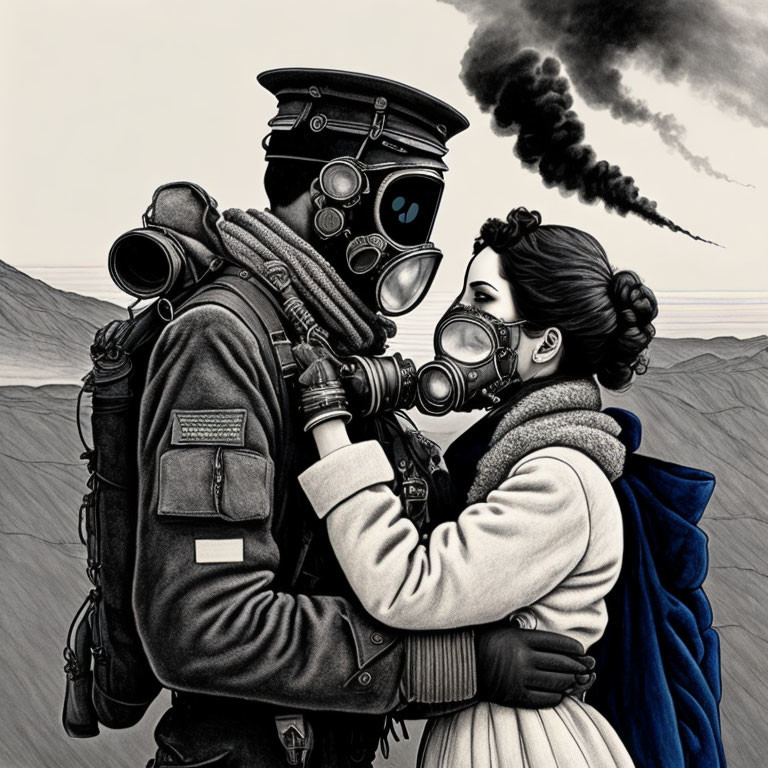 Vintage gas masks embrace in barren landscape with smoke plume