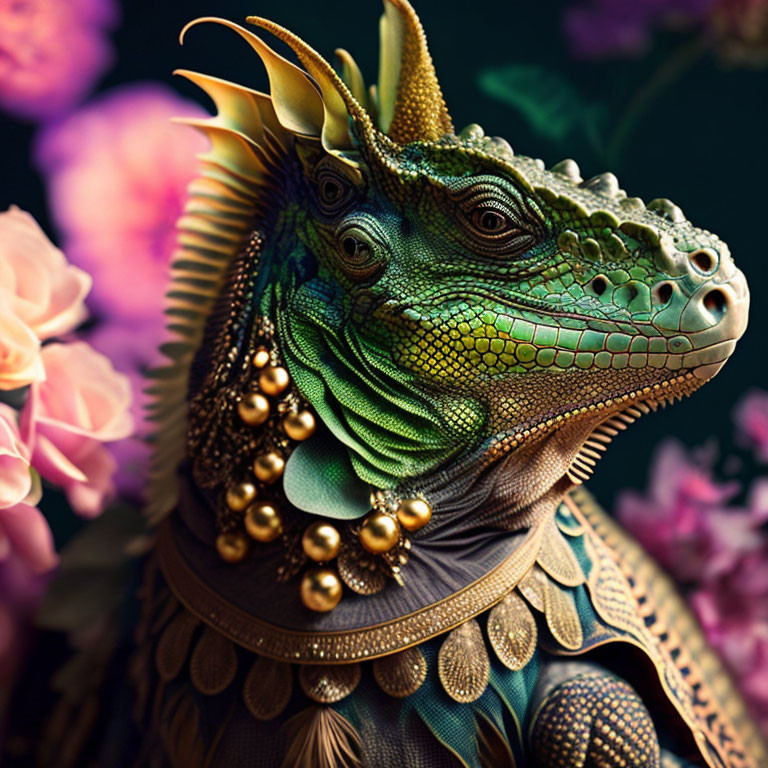 Vibrant green dragon illustration with gold jewelry among pink flowers