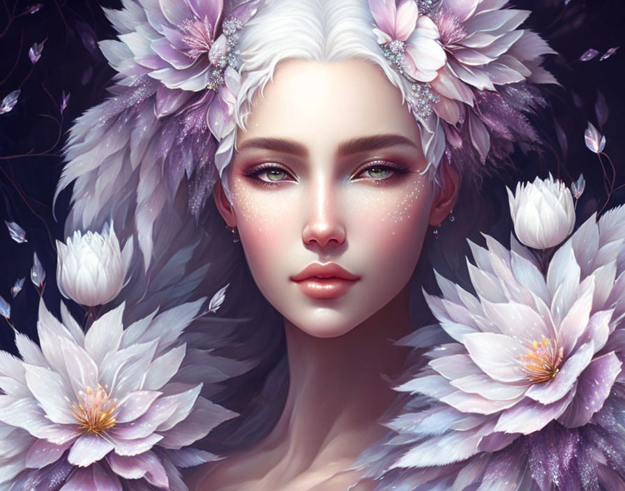 Portrait of woman with pale skin, freckles, white flowers, feathers, green eyes.