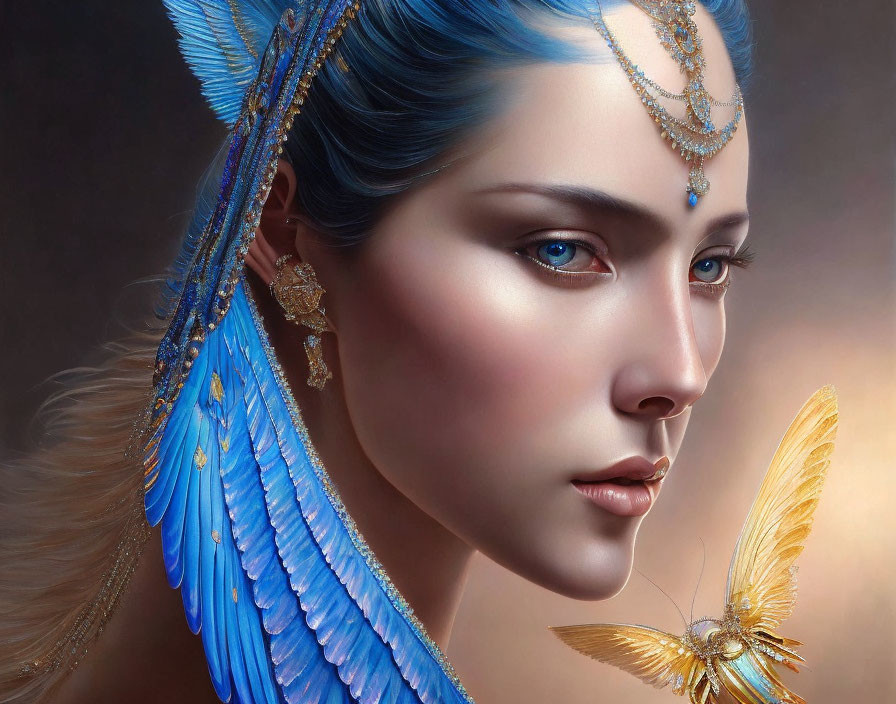 Portrait of woman with blue skin, feathered earrings, gold head jewelry, and golden butterfly