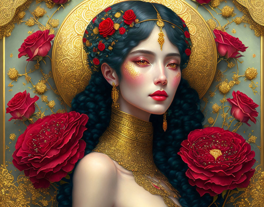 Digital Artwork: Woman with Gold Jewelry and Red Flowers in Mythical Setting