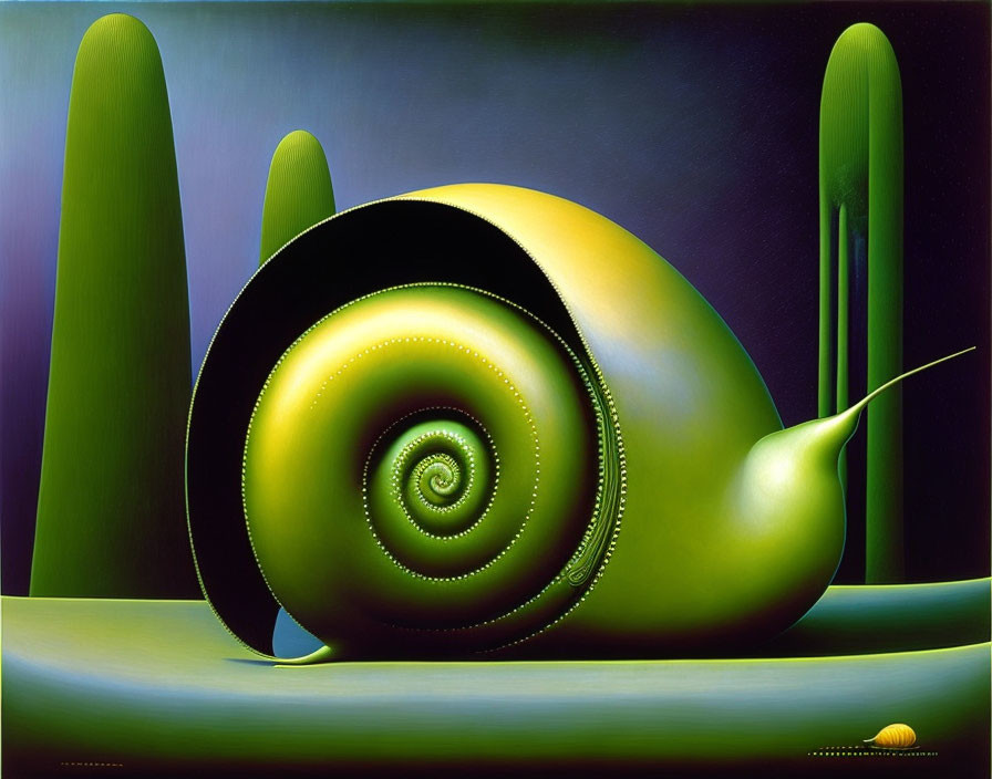 Vivid oversized snail painting in surreal landscape