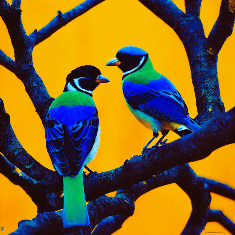 Colorful Birds with Blue and Green Plumage on Dark Branches in Vibrant Setting