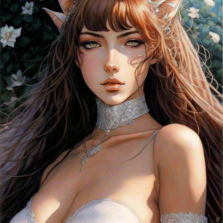 Fantasy illustration of female figure with horns, green eyes, long brown hair, lace choker necklace