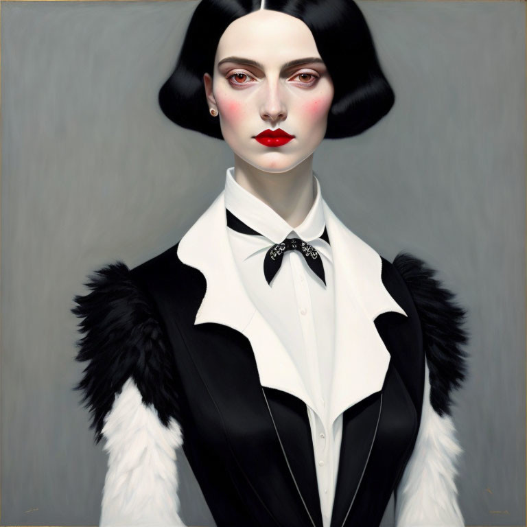 Stylized portrait of woman with pale skin, red lipstick, short black hair, black-and-white