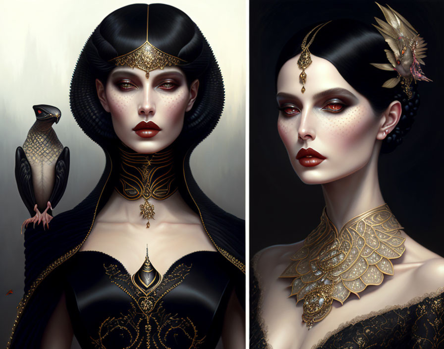 Regal woman with gold jewelry and bird on shoulder diptych