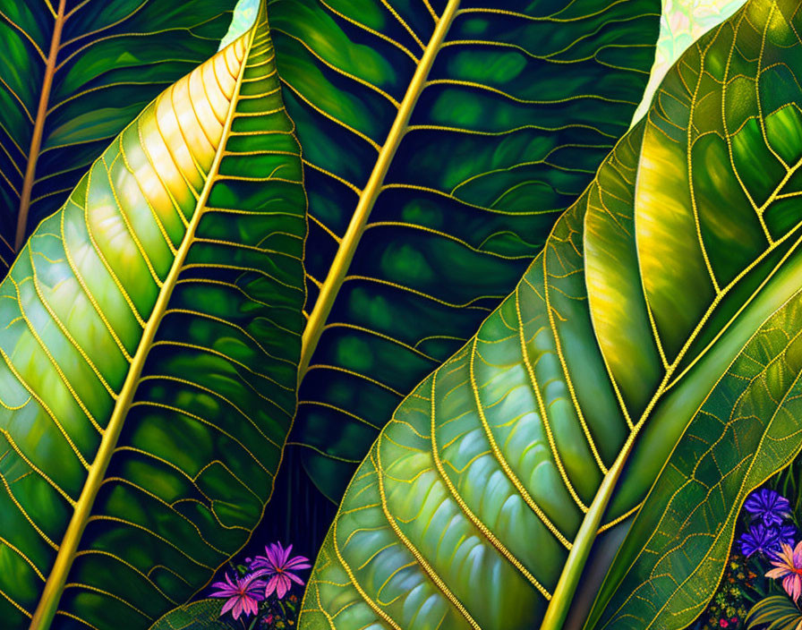 Detailed image of vibrant green leaves with purple flowers - Nature's beauty captured.