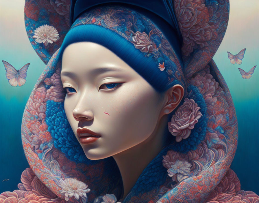 Digital artwork: Woman with Asiatic features in blue floral garment, serene expression