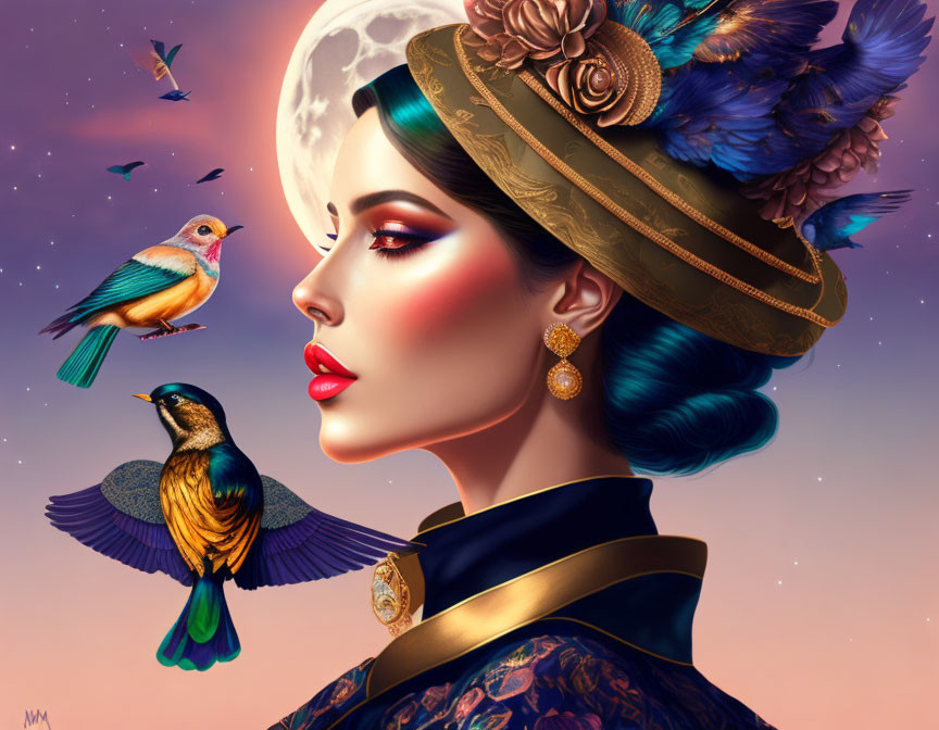 Digital artwork featuring woman with blue hair, vintage hat, and colorful birds under moonlit sky