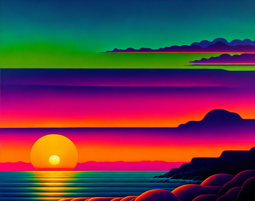 Colorful Sunset Artwork with Hills, Sun, Sea, and Boulders