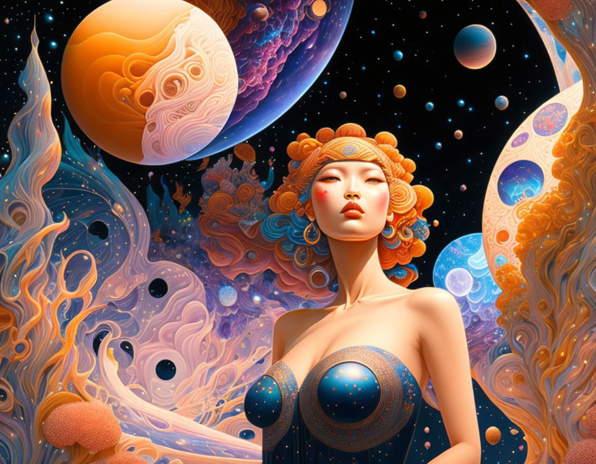 Vibrant cosmic portrait of a woman blending into surreal space scene