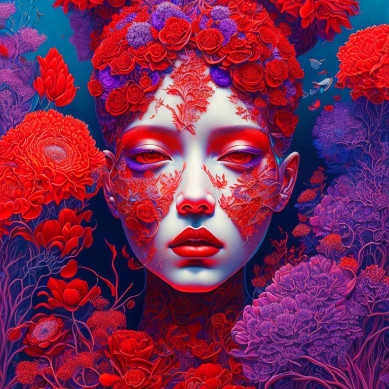 Intricate floral patterns on figure's face among lush flowers