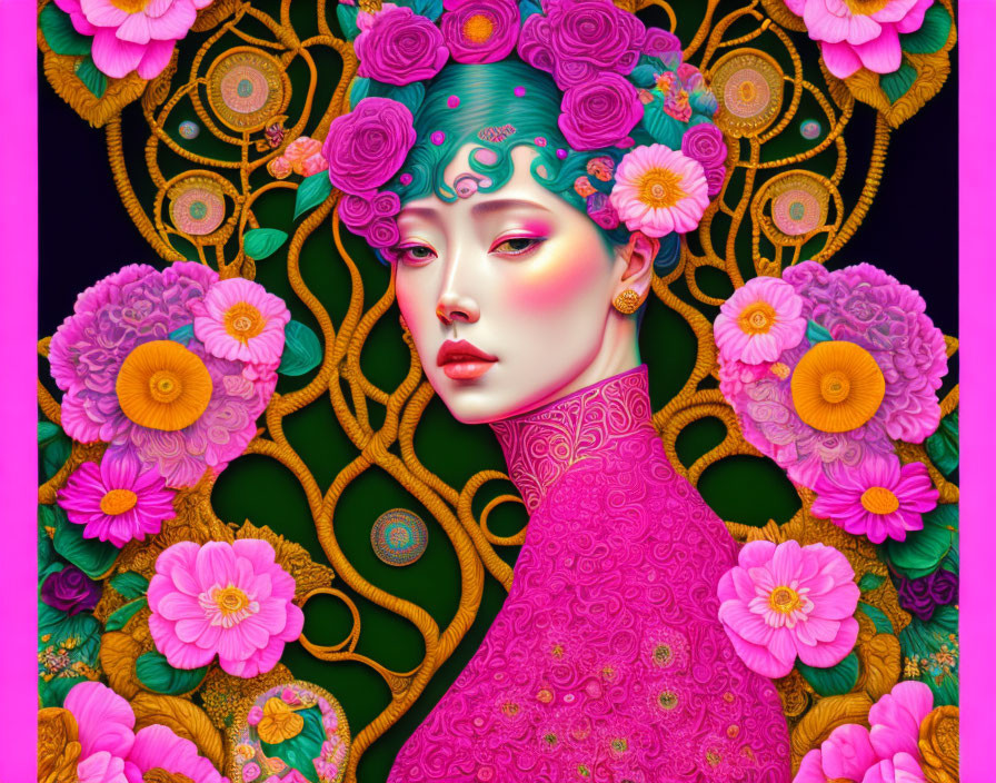 Vibrant digital artwork: stylized woman with floral hair on dark background