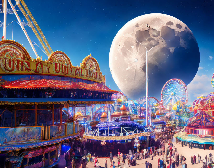 Amusement park at dusk with illuminated rides and Ferris wheel