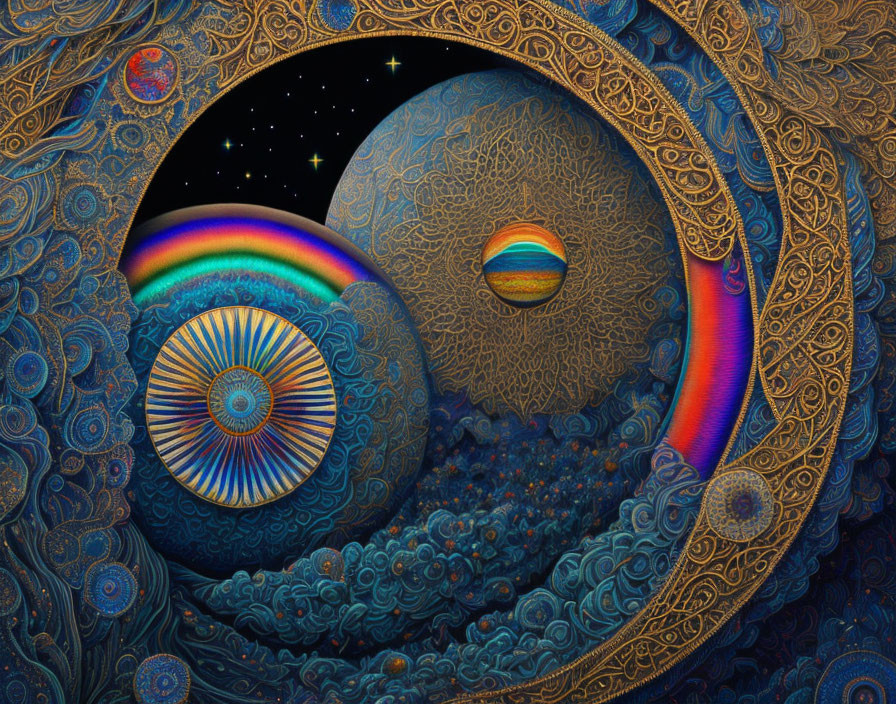 Colorful digital artwork of cosmic scene with ornate swirling pattern