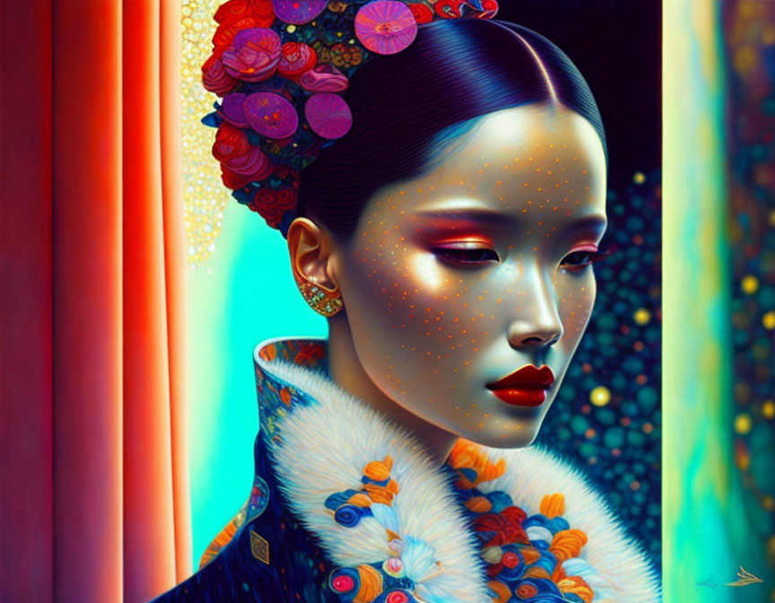 Colorful digital portrait of a woman with floral headdress and futuristic vibe