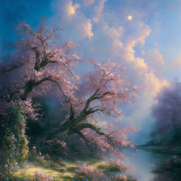 Tranquil cherry blossom painting under pastel sky