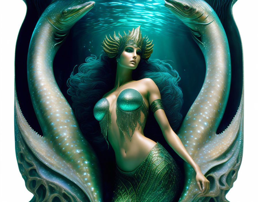 Fantasy artwork of glowing mermaid with golden crown and sea creatures