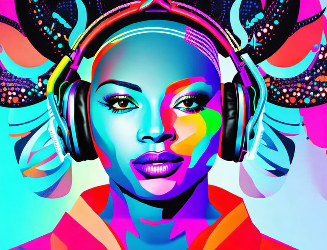 Vibrant portrait of person with headphones on abstract background