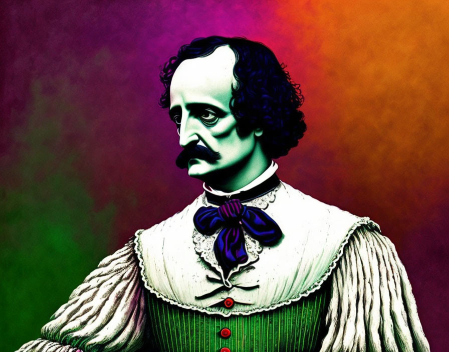 Historical male figure with mustache and goatee on multicolored background