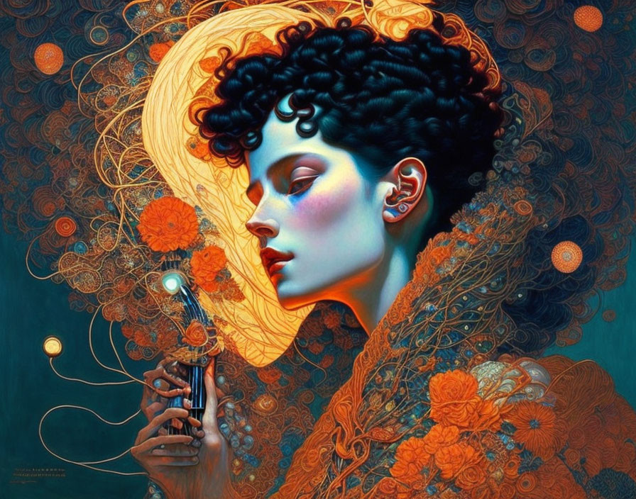 Illustration of woman with curly hair holding light bulb in orange floral design