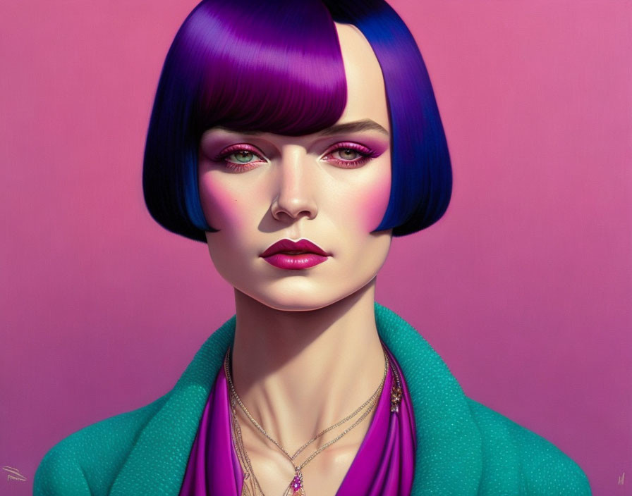 Stylized digital artwork of woman with purple hair and green jacket