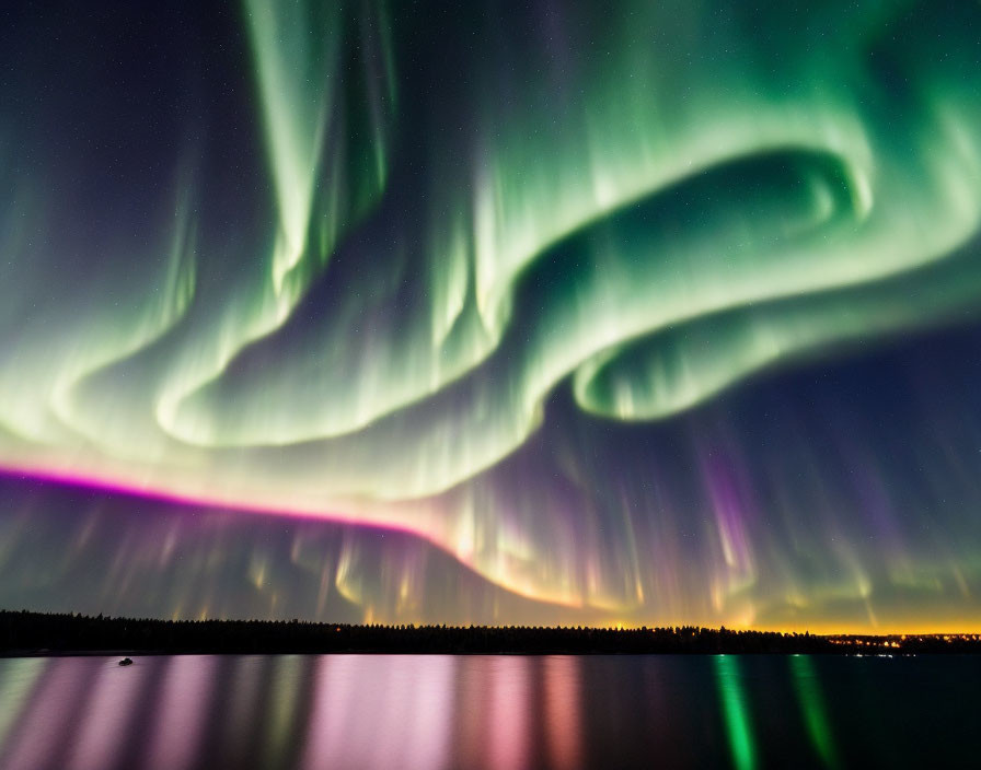 Colorful aurora borealis over serene lake at night with green and purple hues.