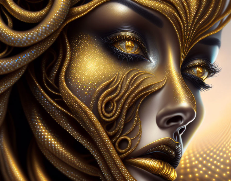 Stylized digital artwork of golden female figure with intricate patterns