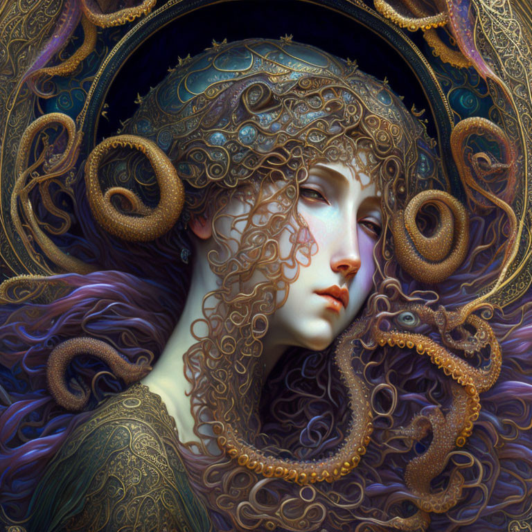 Fantasy artwork of woman with golden headdress and serpentine shapes in ornate setting