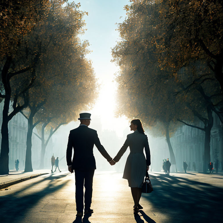 Silhouetted couple walking on tree-lined avenue under sunlight