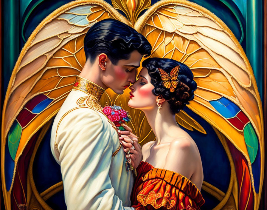 Romantic couple painting with angel wings and butterfly hairpiece