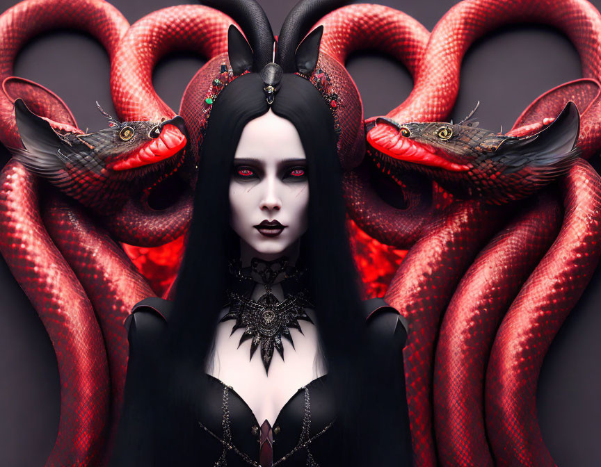 Gothic female figure with pale skin and dark attire surrounded by red serpents on dark background