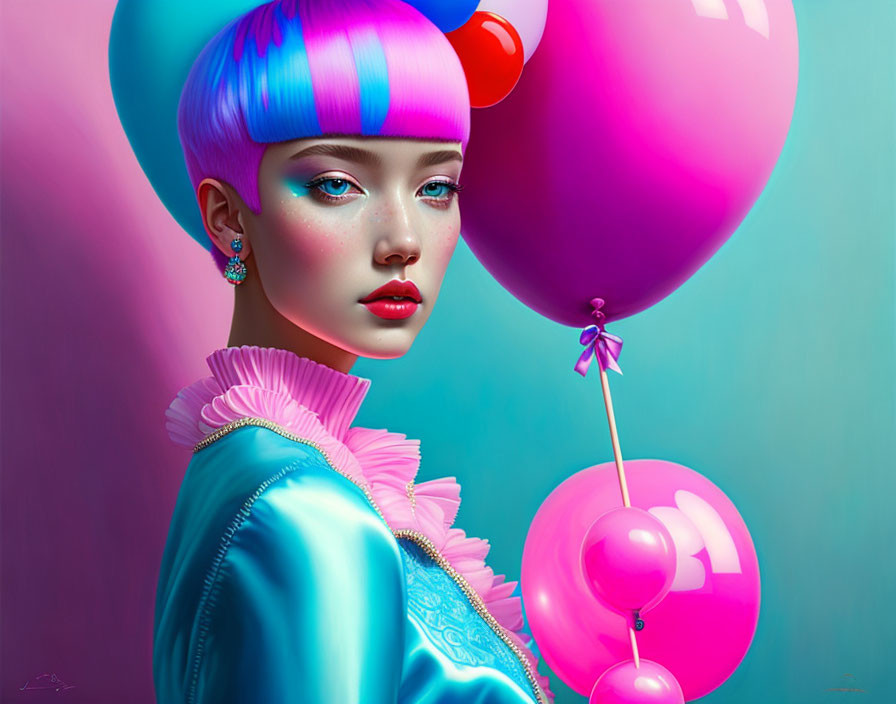 Colorful female figure with pink-blue hair and fantasy makeup holding magenta balloons on teal background