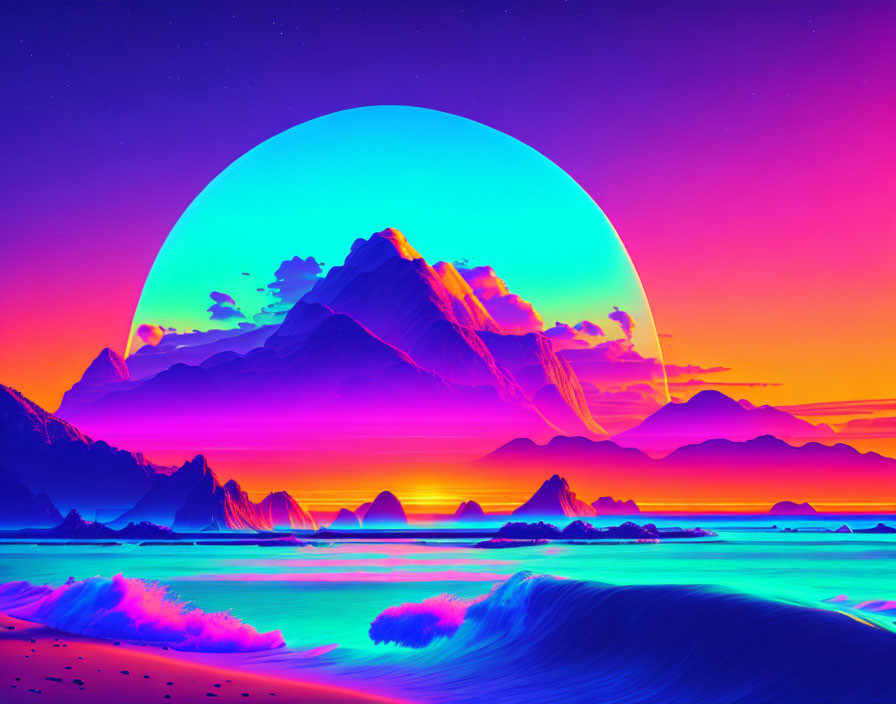 Colorful retro-futuristic landscape with neon-lit mountains, glowing ocean waves, and large moon