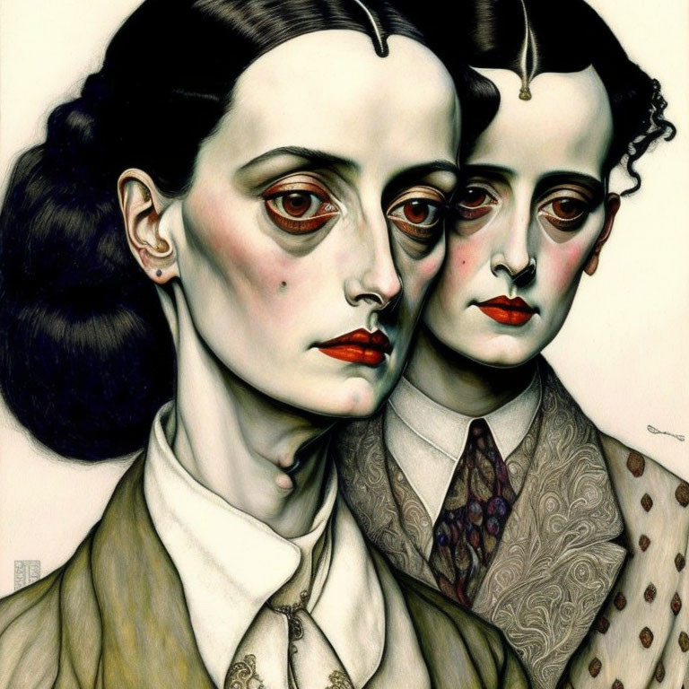 Surreal portrait featuring two figures with red eyes and vintage attire