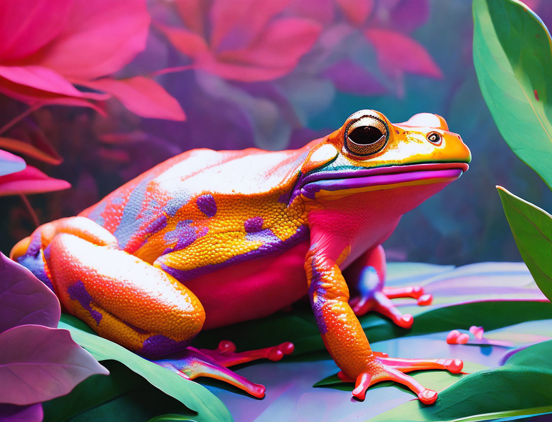 Colorful Frog Resting in Lush Greenery with Purple Background