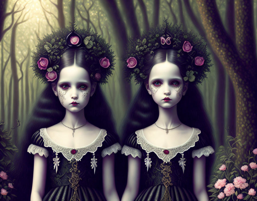 Identical girls in gothic makeup and Victorian attire in dark forest with rose wreaths