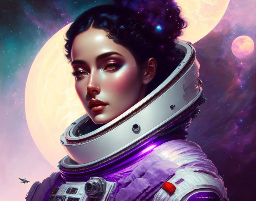 Digital artwork of woman in space helmet with vibrant moon and cosmic background