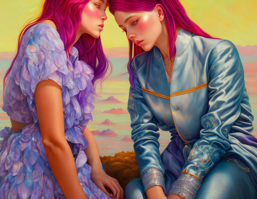 Two Women in Colorful Attire Embrace in Pastel Setting