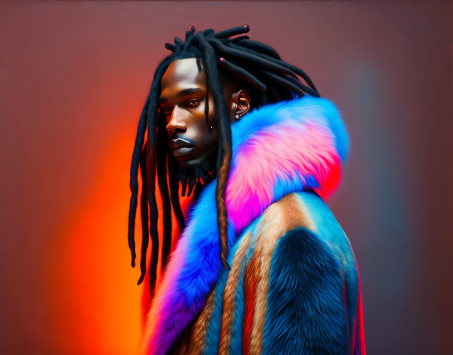 Long Dreadlocks Wearing Vibrant Fur Coat on Gradient Background