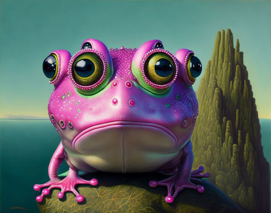 Colorful whimsical painting: Multi-eyed pink frog with iridescent skin in serene desert.