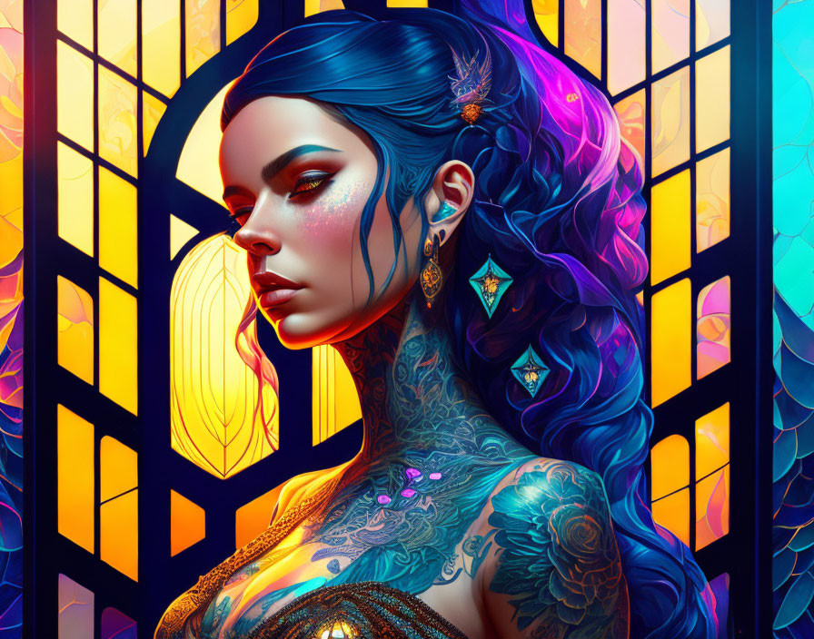 Colorful digital artwork: woman with blue hair and tattoos against stained glass backdrop.