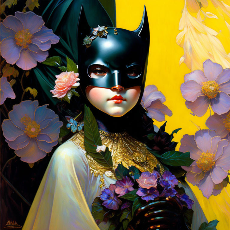 Stylized portrait of person in Batgirl mask with flower, white & gold outfit on vibrant yellow