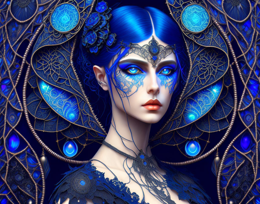 Illustrated Female Figure with Vibrant Blue Hair and Ornate Headpiece on Dark Blue Background